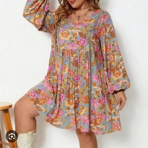 Pink and Orange Long Sleeve Sundress with Bishop Sleeves